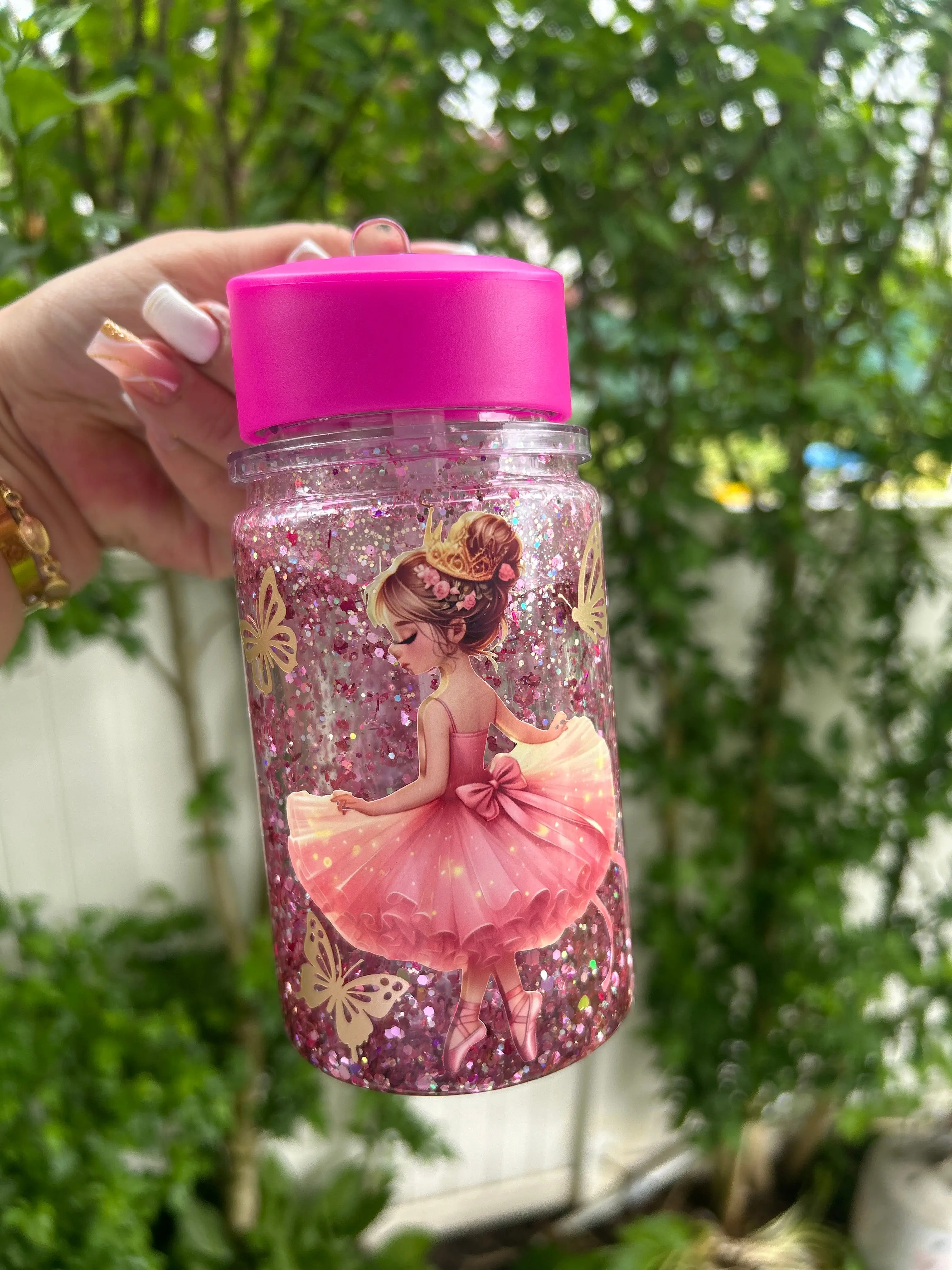 Kids’ Personalized Round Playful Pink Ballerina Glitter Tumbler Cup - Portable, Reusable, Washable Everyday Kitchenware Drinkware Water Bottle