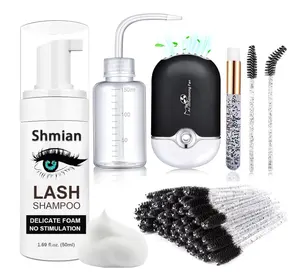 Lash Shampoo for Lash Extensions, Lash Fan with 50ml Eyelash Foam Cleanser and 50 Pcs Eyelash Brush and Rinse Bottle Oil Free/Sulfate Free Eyelash Wash Remover For Eyelash Extension Wash, Black