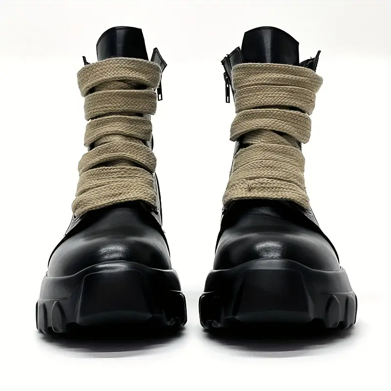 Men's Punk Combat Boots with Laces, Solid Color Mid-Calf Style with Round Toe and Rubber Outsole for Hiking & Outdoor