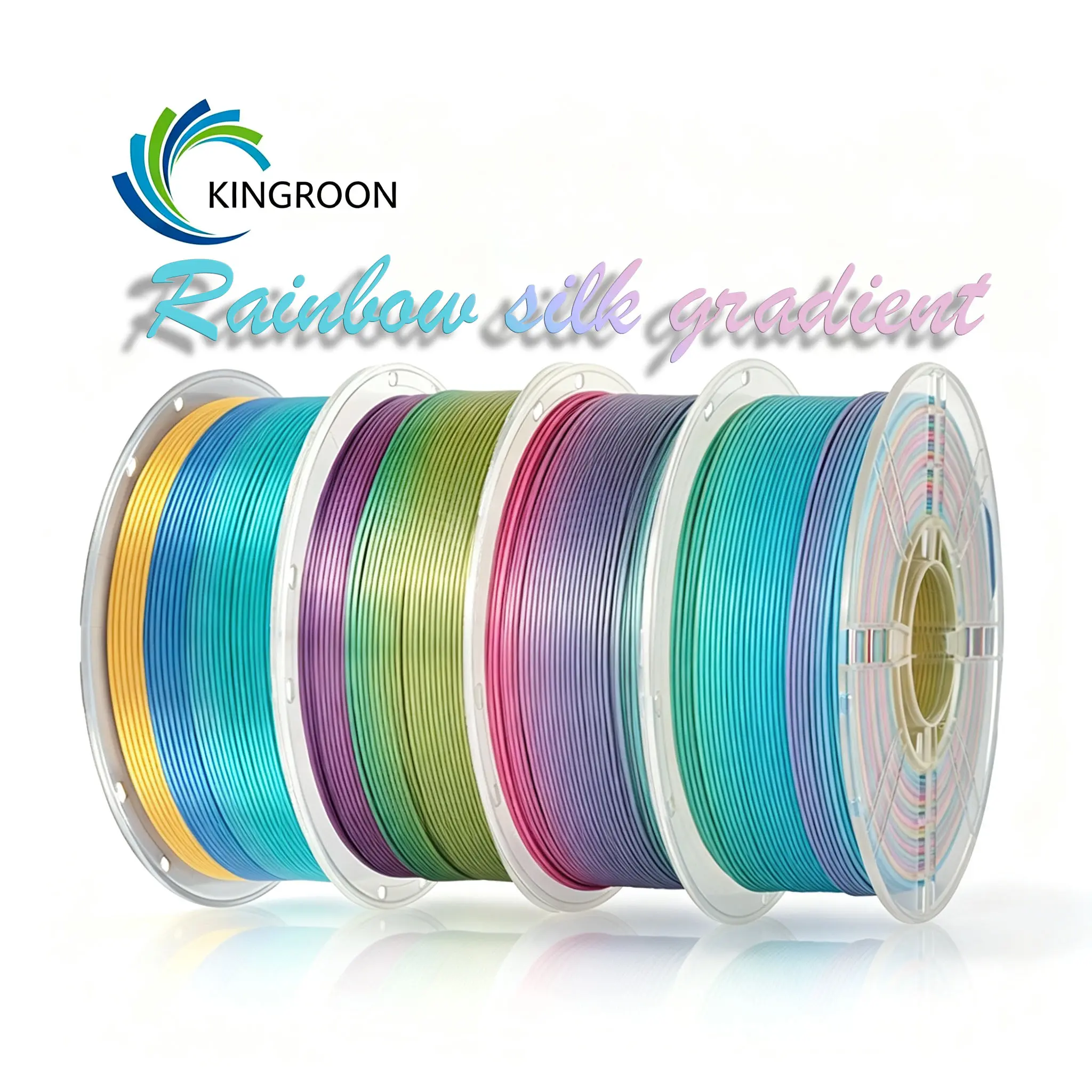 【Visual Series 】KINGROON 3 kg Silk PLA Filament – Multicolor gradient, 1.75 ± 0.02 mm, high-gloss rainbow/macaron/candy colors, easy-print 3D filament bundle