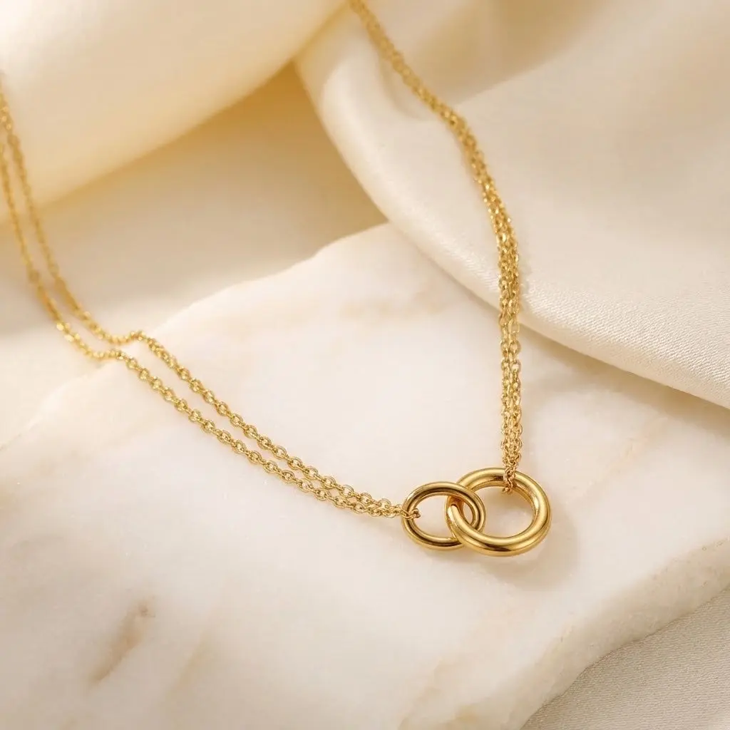 ALB Contemporary Interlocking Circle Pendant, 18 Karat Gold Plated Double-Layer Adjustable Necklace, Tarnish Resistant