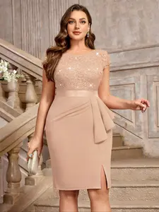 MISSMAY P14183A Plus Sequin Lace Bodice Ruffle Split Thigh Wrap Hem Cocktail Party Bodycon Dress, Evening Party Dress, Graduation Dress, For Birthday, Wedding Guest, Homecoming