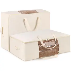 2 Pack Canvas Blanket Storage Bags with Zipper Foldable Closet Organizers Storage Containers with Reinforced Handle for Dorm Storage Organizing, Bedroom, Closet,Blanket, Clothing, Comforters