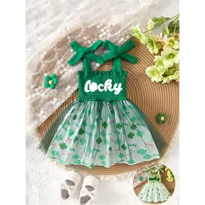 Adorable Baby Girl Shamrock Tutu Romper Dress Green Sleeveless Design with "Lucky" & Clover Print For 0-18M Infant C339,Ready Stock