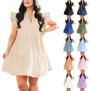 【1XL-5XL】Imily Bela Curve Plus Size Dresses for Women Summer Ruffle Short Sleeve V Neck Dress Tiered Swing A Line Babydoll Mini Dress