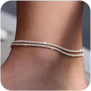TEWIKY Dainty Layered Waterproof Anklet For Women Adjustable Womens Anklet Set Stackable Figaro Beaded Cuban Link Anklets Daily Clothing Decor For Beach Summer Trendy All-match & Exquisite Jewelry For Valentine's Day gifts