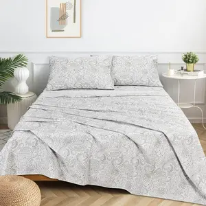 Cooling Cotton Bed Sheets Set Grey Paisley | Soft Percale Deep Pocket Bedding