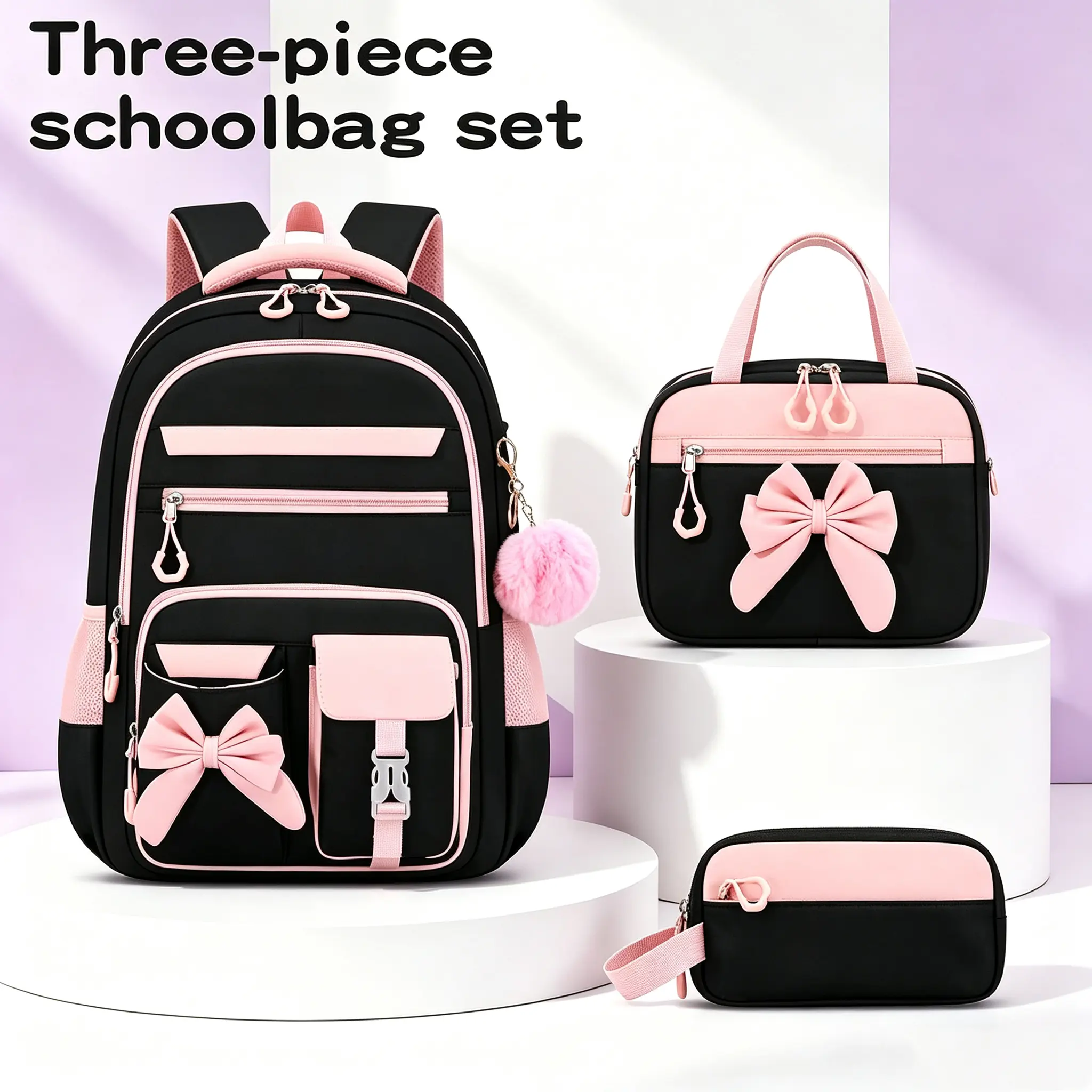 3 in 1 Cute Bow Backpack Set, Large Capacity Daypack with Insulated Lunch Bag and Pencil Case for Daily Outdoor Travel