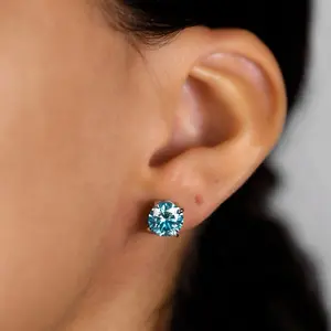 Sea Blue Moissanite Stud Earrings Solid 925 Sterling Silver