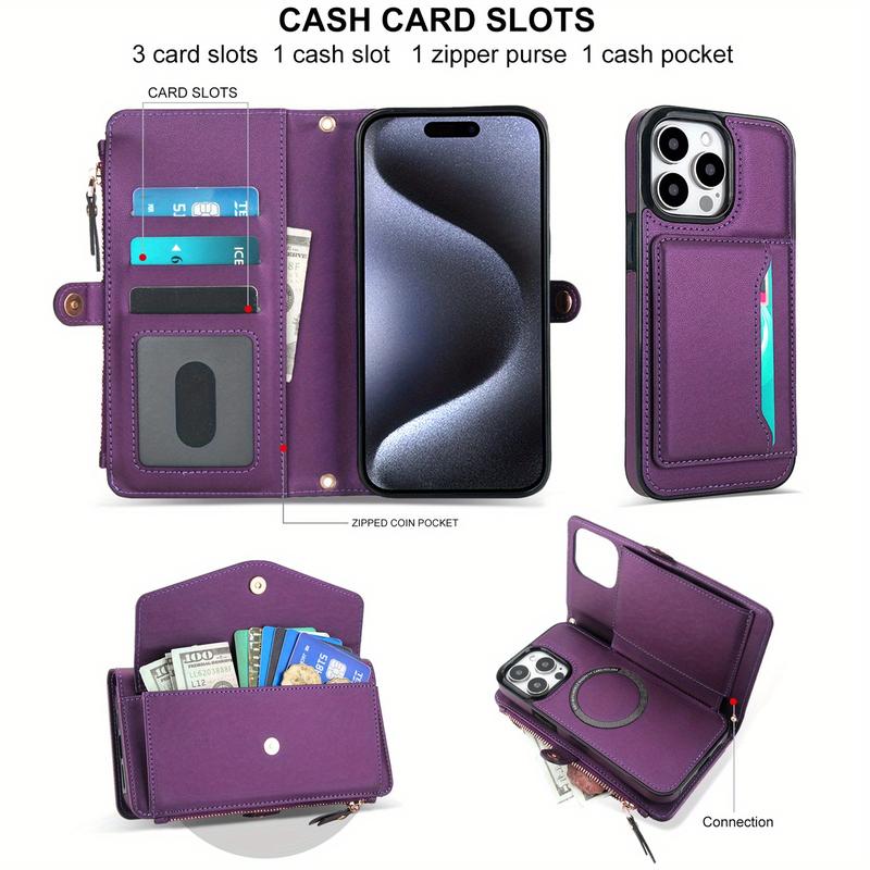 For IPhone 17 16 15 Wallet Case For Women, Support Wireless Charging With Blocking Card Holder, Wallet Detachable Magnetic Phone Case Crossbody Strap_voghion.com