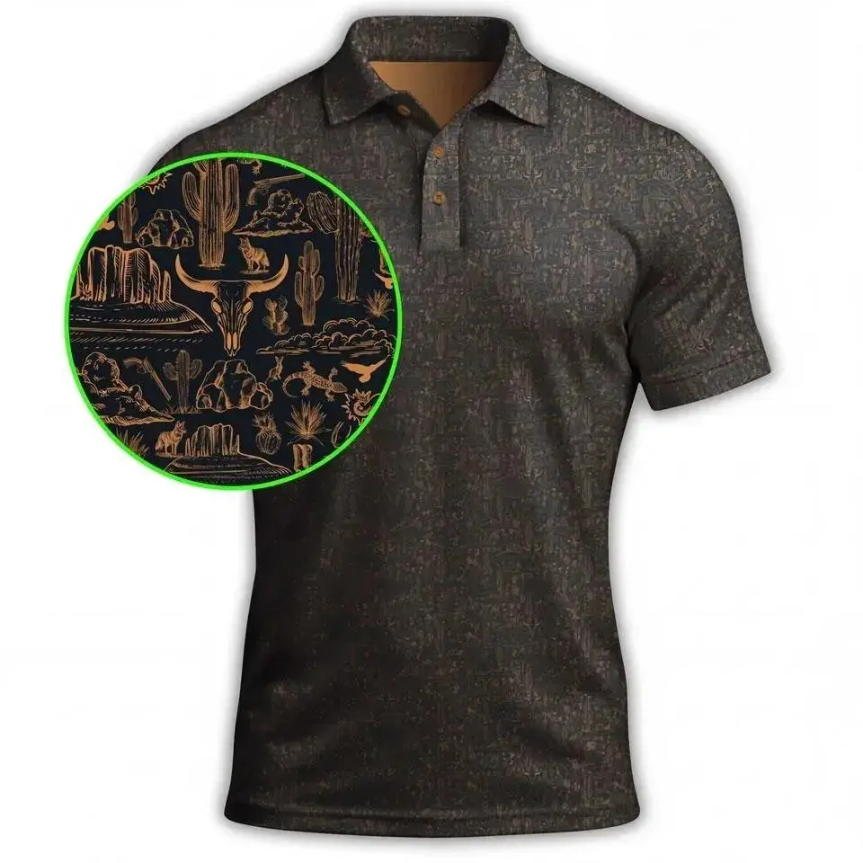 Black and Copper Desert Pattern Golf Polo Shirt for Men, Modern Camo Performance Polo, Lightweight Outdoor Golf Apparel