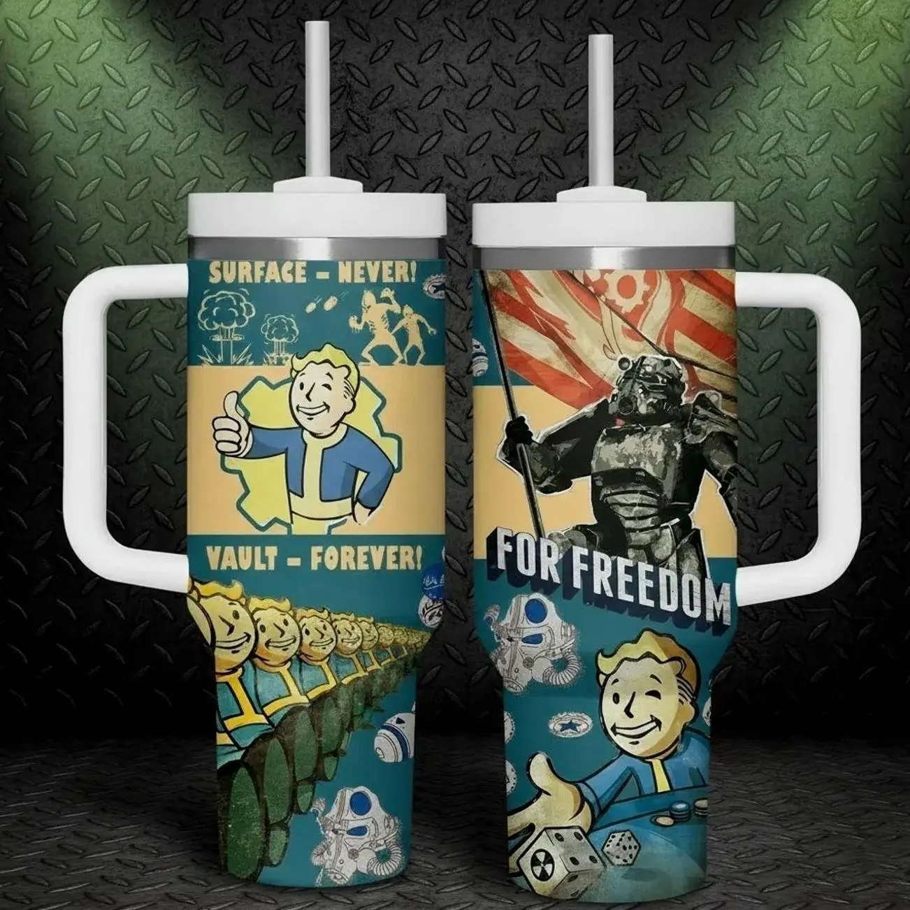 Fallout Vault Boy 40oz Tumbler with Handle and Straw | Power Armor Vault-Tec Insulated Mug | Surface Never Vault Forever | Gamer Gift Merch US Shop