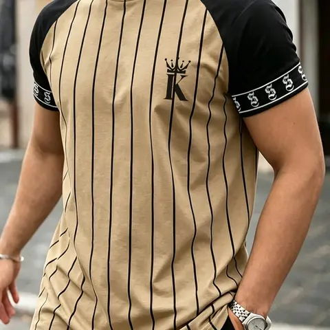 Men's Vintage Summer Colorblock Striped T-Shirt, Street Style Casual Round Neck Short Sleeve, Daily Wear Fitted Streetwear Top Fashionable Casual