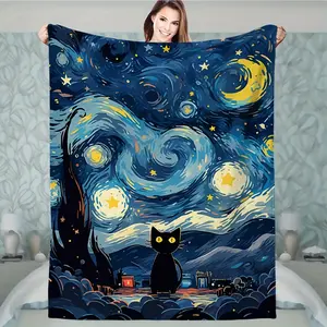 Starry Night |   Van Gogh'S Starry Sky Flannel Embossed Blanket - Cute Pets And Master'S Winter Concerto - Thickened Locking Craftsmanship * Art Grade Oil Painting Reproduction Wraps Adorable Kitten In Swirl Galaxy For Lightweight Luxury Home Aesthetics