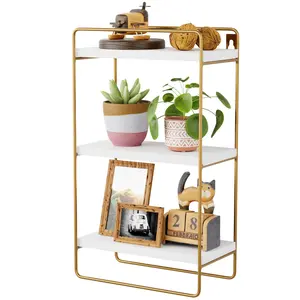 3 Tier White Square Wall Shelf with Gold Metal Frame Decorative Floating Shelf Wall Mounted Geometric Metal&Wood Hanging Shelf for Storage Rustic Rectangle Iron Shelf Display for Bathroom,Home