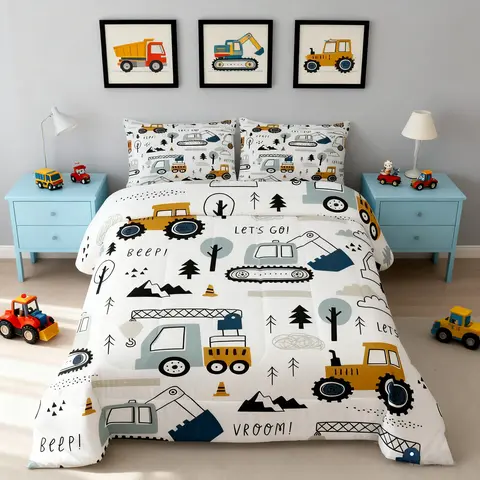 Feelyou Cartoon Construction Themed Duvet Cover Set - Lightweight All-Season Single Boys' Bedding, White-Yellow Truck Excavator Tractor Patterns, Travel-Friendly Decorated Duvets & Sets, Tractor-Themed Fun Truck Art Gift Option