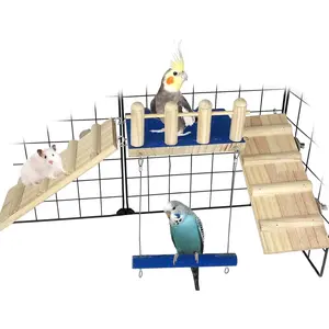 Bird Toy, Parrot Perch Platform with Swing and Ladder, Bird Perch Paw Grinding Rough-surfaced, Wooden Climbing Exercise Stands for Parakeet, Parrot, Lovebird, Cockatiel, Hamster