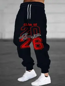 Plus-size Men's Casual Black Sweatpants with The Year 2026 Printed on Them. Slim Fit, Suitable for Sports or Everyday Casual Wear, Street Style. Plus Size.