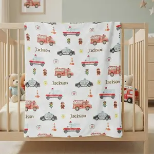Personalized Emergency Vehicle Watercolor Blanket, Fire Truck Police Ambulance Name Gift, Boy Birthday Gift, Baby Shower Gift