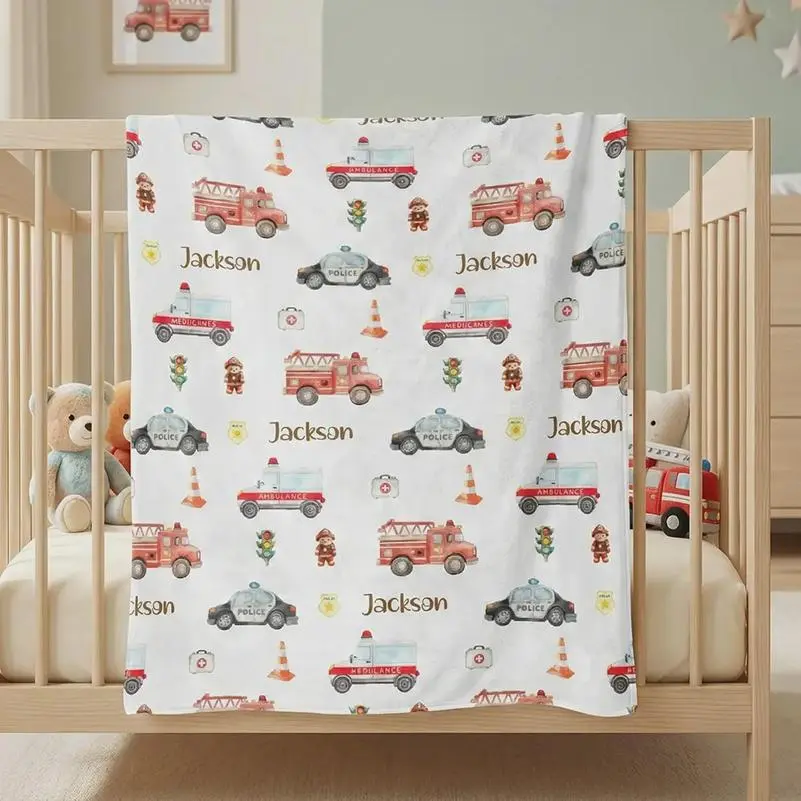 Personalized Emergency Vehicle Watercolor Blanket, Fire Truck Police Ambulance Name Gift, Boy Birthday Gift，All-Season Use