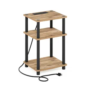 JUST Flagstaff Oak Multi-Function Slimline Side Table - 3-Tier Storage, Charging Station with USB and Type-C Ports for Bedrooms and Small Spaces, Multi-Function End Tables, Slimline End Tables
