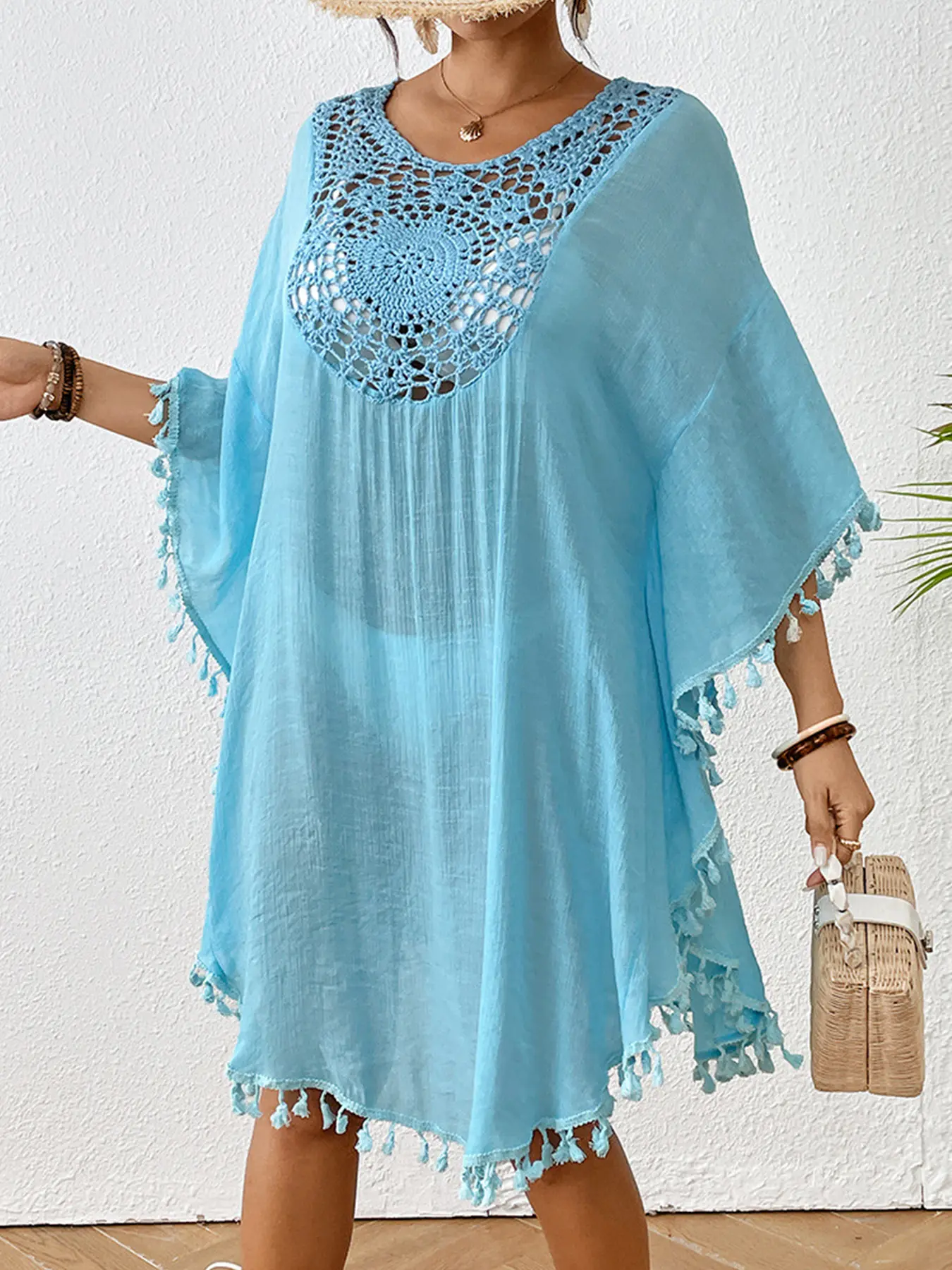 Boho Style Casual Outdoors Sun Protection Top, Beach Vacation Hand Hook Pure Color Patchwork Fringe Short Dress, Sexy Beach Cover-Up Swimsuit Coverups Swimwear Coverups, Beachwear Cover Up