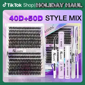 Ailaishi 40D+50D Lash Clusters Kit Natural Individual Lashes WispyEyelash Extensions 9-16mm DlY Lash Extension Kit LashBond and Seal Waterproof, Lash Applicator, Thick FalseEyelashes Kit