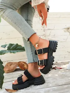 2026 Summer New Women's Sandals with Metallic Buckle, Thick Sole Slip-Ons, Foldable Platform, Versatility Beach Shoes