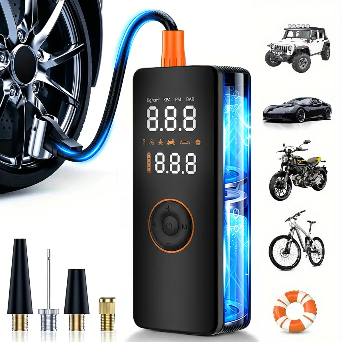 Compact Portable Wireless Tire Inflation Pump - Digital Gauge, LED Lighted, USB Recharge, Rechargeable Lithium Battery, Multifunctional Nozzle Adapter for Cars, Bicycles, Ball Sports Items