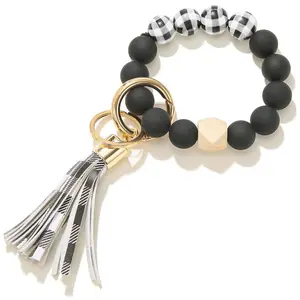 Plaid Black White Wristlet Keychain Bracelet