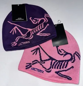 Arc'teryx Inspired Bird Head Toque Beanie – Pink & Purple | Large Contrast Logo Knit Print | Soft Warm Wool Winter Hat | Brand New with Tags | Gorpcore Y2K Coquette Streetwear | Unisex Ski Hiking Outdoor Cap | Gift for Her