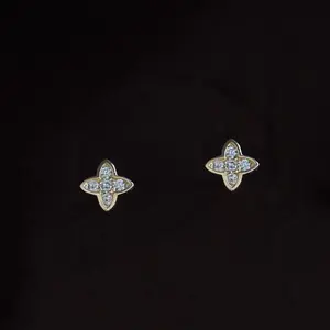 s925 Sterling Silver 14K Gold Plated Delicate Micro-Inlaid Fresh Little Flowers Four-Leaf Clover Earrings Gentle Elegant Cute Jewelry for Women Girls