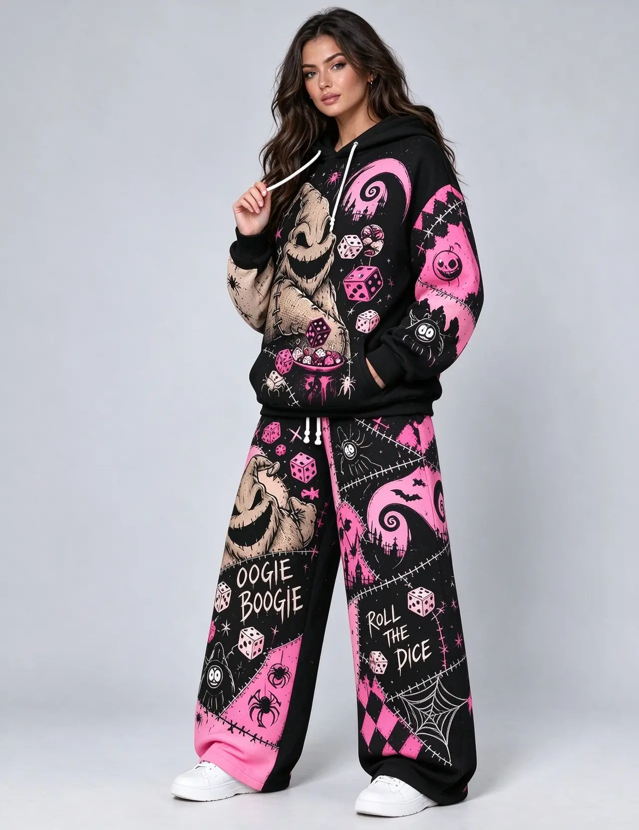 Oogie Beegie Halloween Hoodie & Sweatpants Set, Dice Spider Web Pumpkin Patchwork Outfit, Halloween Costume Set