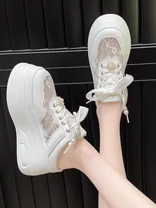 White Lace Platform Mules for Women Pearl Decor Slip On Sneakers Breathable Mesh Backless Loafers Height Increasing Casual Shoes Summer 2026