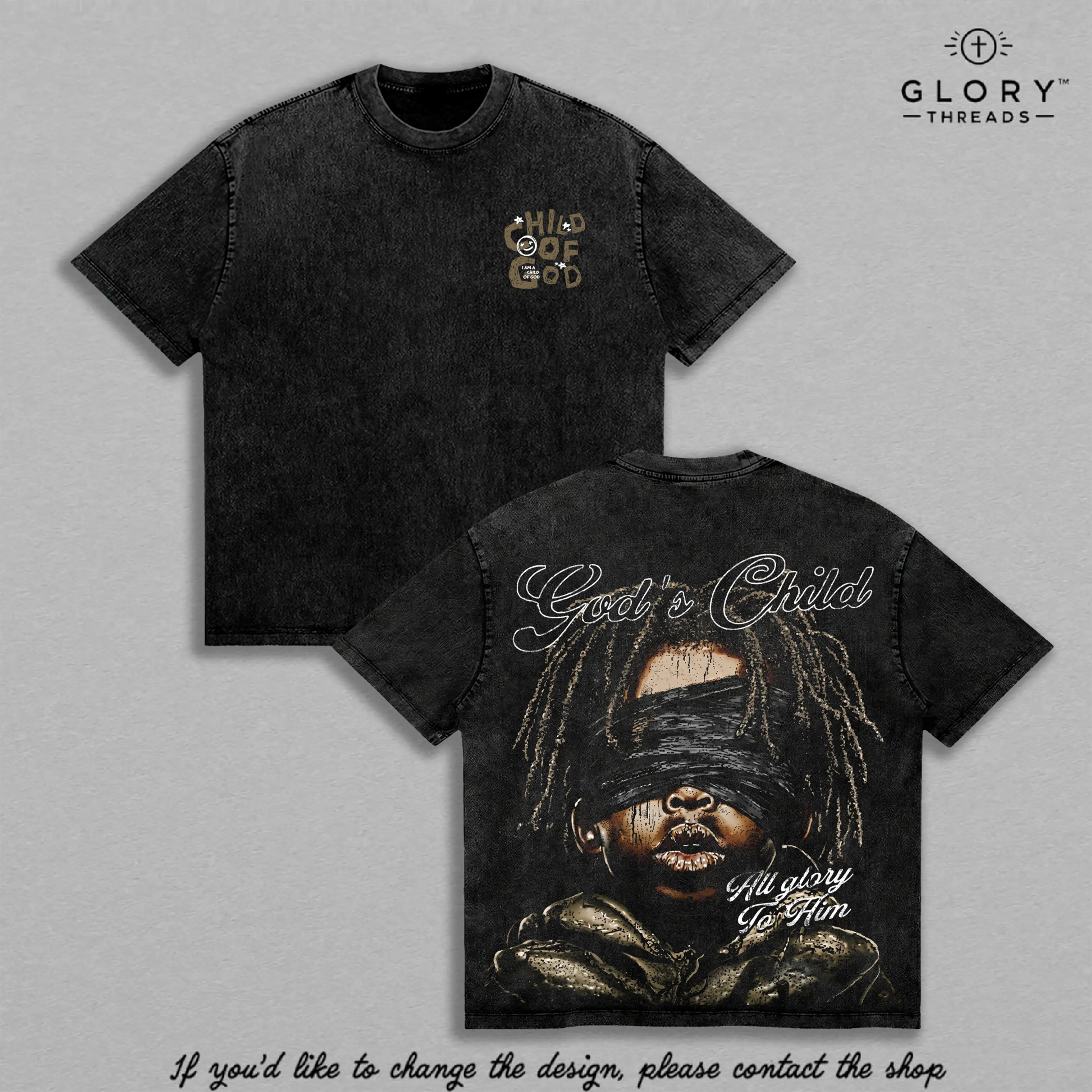 God's Child Christian Vintage Washed Heavyweight Jesus T-Shirt Faith Streetwear Graphic Tee All Glory To Him Oversized Cotton Shirt Religious Apparel