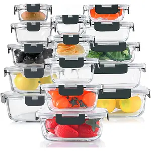15Pack Glass Food Storage Containers Set, Glass Meal Prep Containers Set with Snap Locking Lids, Airtight Glass lunch Containers for Microwave, Oven, Freezer & Dishwasher,Gray