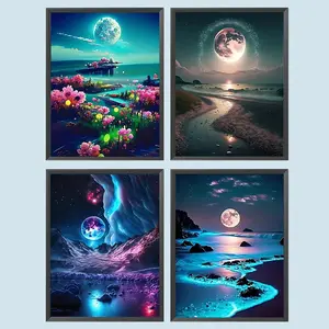 Beach & Moon Pattern DIY Diamond Arts Colorful Painting Kit without Frame, 4 Counts/set DIY 5D Diamond Arts Colorful Painting Kit, Wall Art Decor for Home, Diamond Painting Kits
