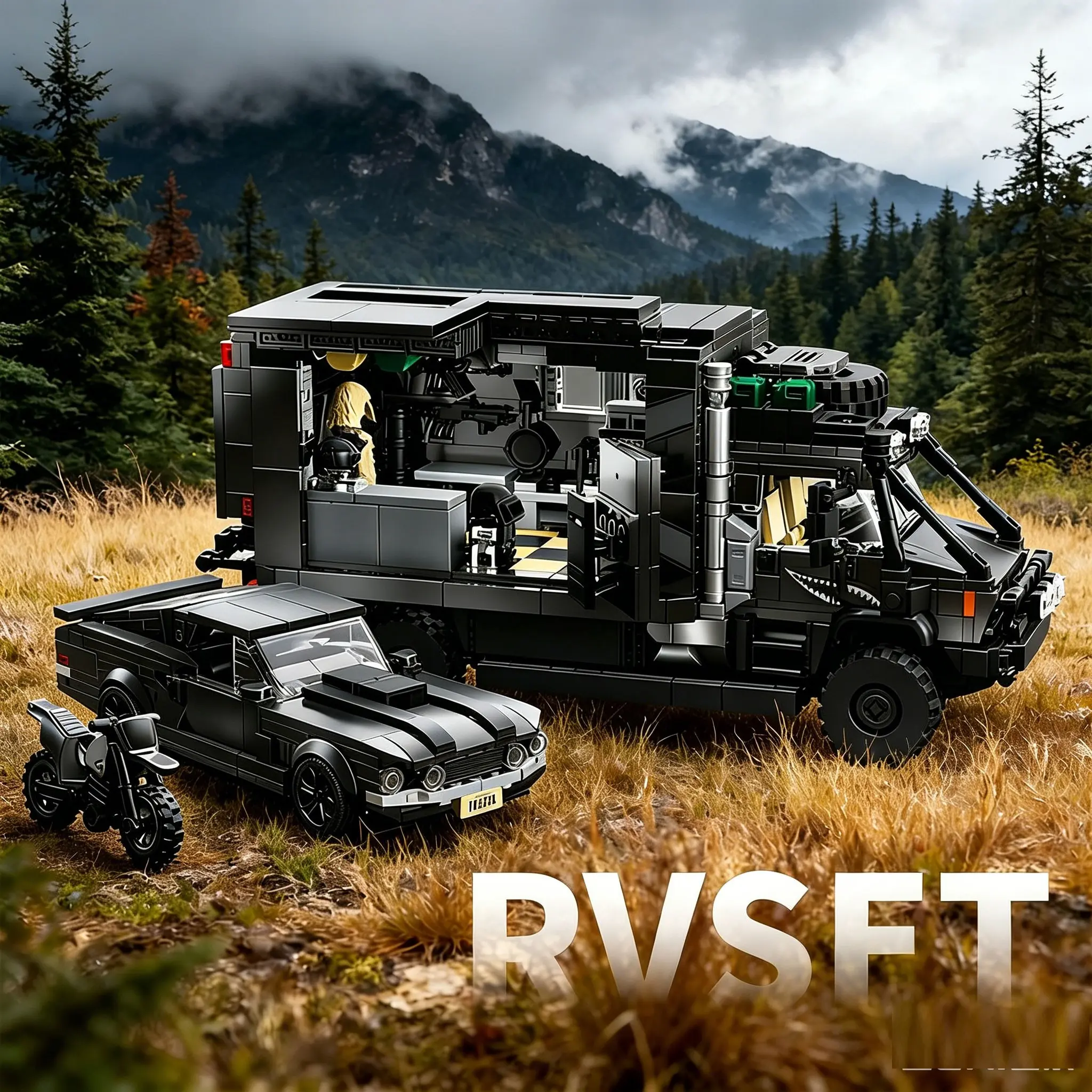 RV Building Block Set, Model Building Blocks, Detachable Trailer Shape, RV, Car, Motorcycle Models, Desktop Decoration, High Difficulty Adult Toy, Collection Gift
