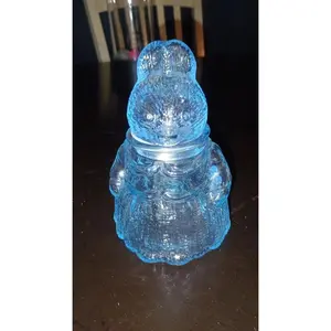 Vintage Blue Glass Mother Bunny Rabbit Mrs. Tiggy Winkle Jar 6.5”