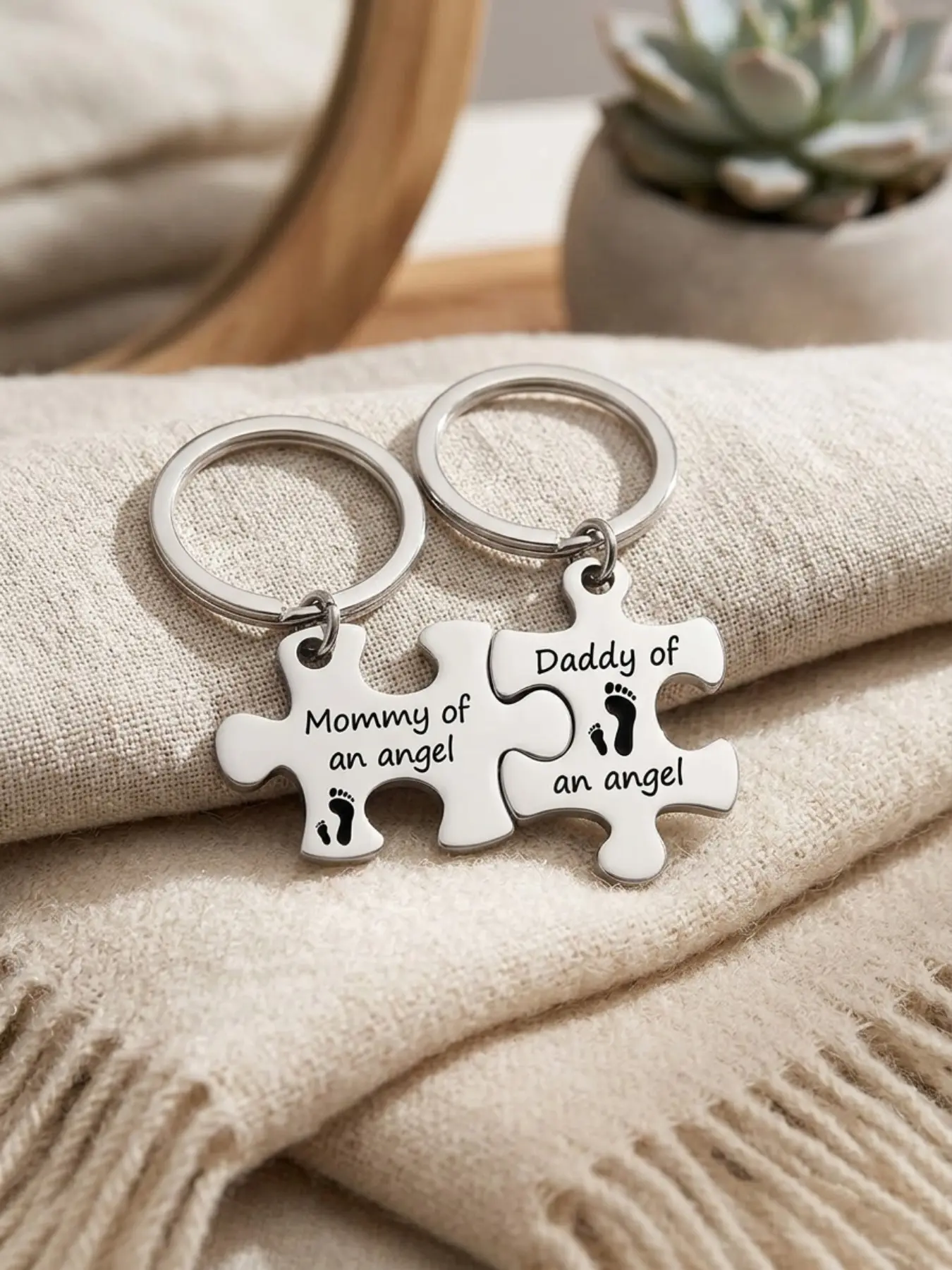 Mommy and Daddy of an Angel Keychains Memorial Puzzle Keyring Charms Keychain Jewelry for Infant Lost Stainless Steel Sympathy Gifts Keychain Accessories Metal Keychains