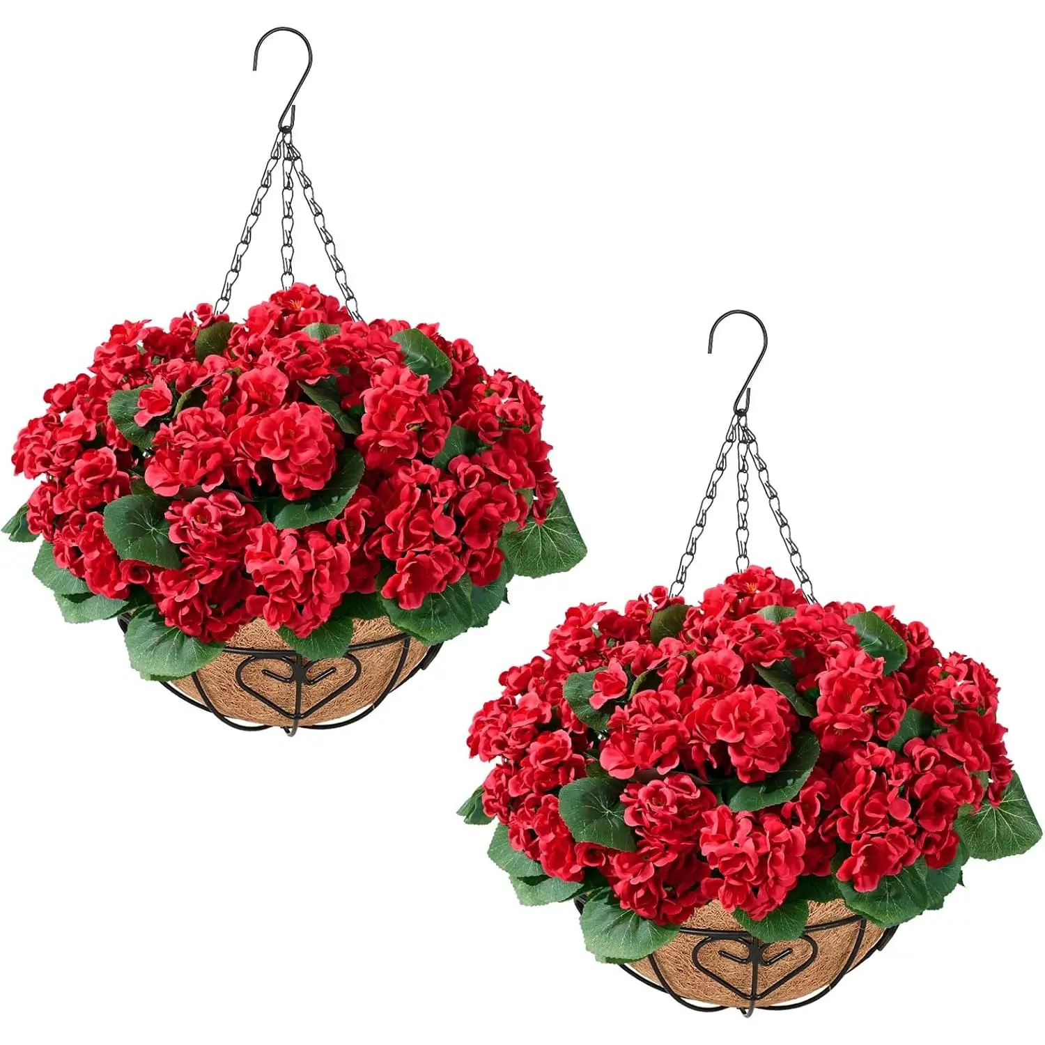 UV-Resistant Artificial Geranium Decor Set (2 Sets with Hanging Baskets, 12 Silk Bundles) - Red Floral Arrangement Centerpiece for Spring Front Porch, Wedding Centerpieces, Outdoor Dome Decor