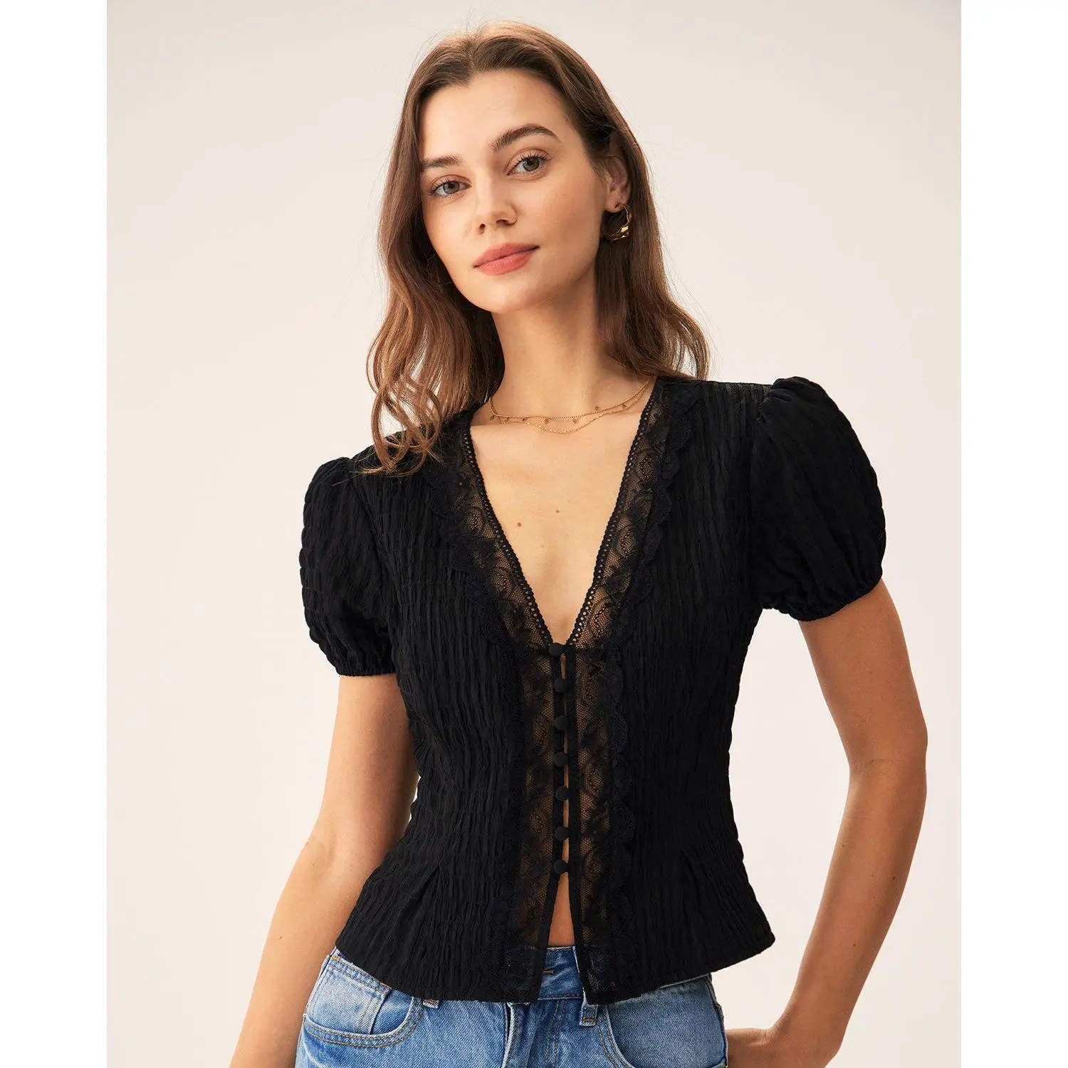 Rihoas Women's Casual Hip Puffed Polyester Shirt - Basic Black Jacquard Lace Button Blouse, Spandex Fabric, Women's Clothes,summerwins,summeroutfits,vacationoutfits,beachoutfits,back to school,back to school shopping
