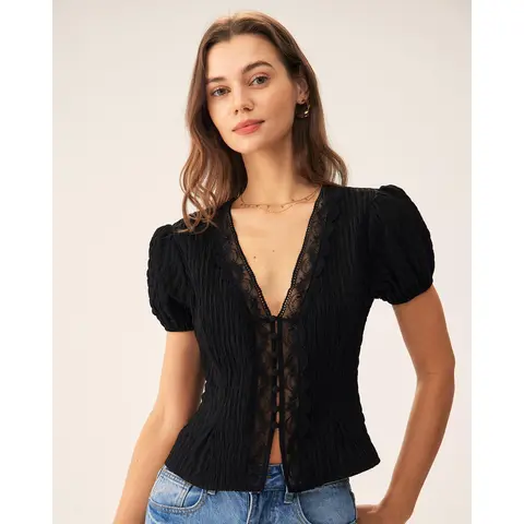 Rihoas Women's Casual Hip-Puffed Polyester Blouse - Basic Black Jacquard Lace Button Top with Spandex Sleeves, Basic Style, Cute Lace Blouses & Shirts, Daily Elegance Tops for Summer Vacation