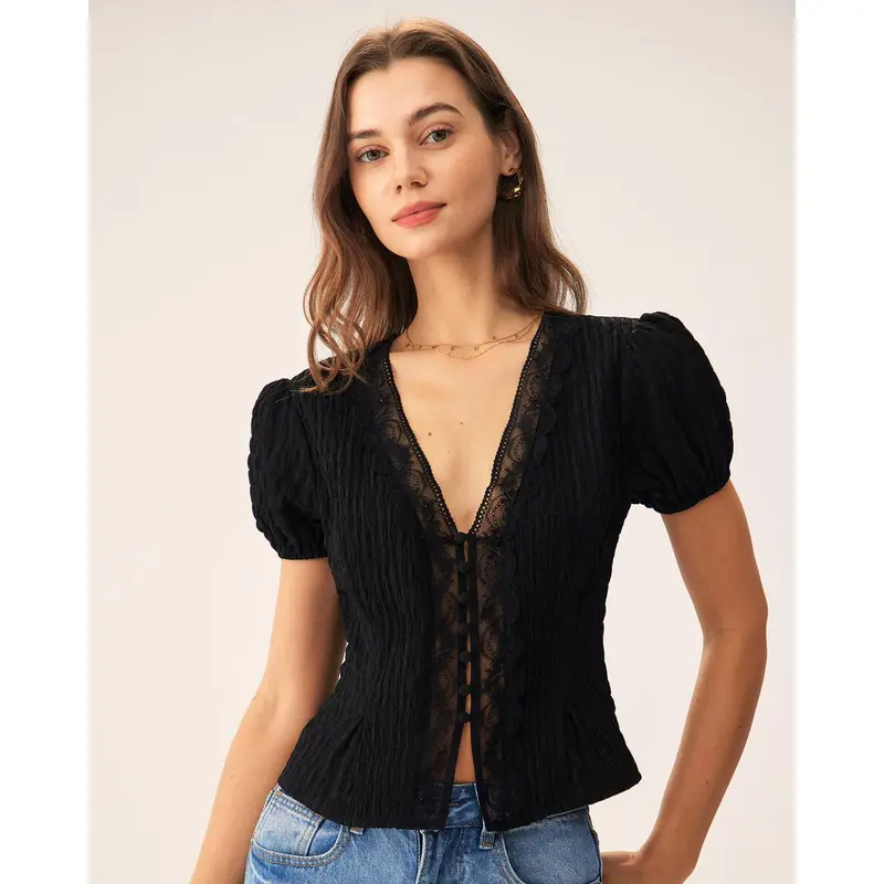Rihoas Women's Casual Hip-Puffed Polyester Blouse - Basic Black Jacquard Lace Button Top with Spandex Sleeves, Basic Style, Cute Lace Blouses & Shirts, Daily Elegance Tops for Summer Vacation