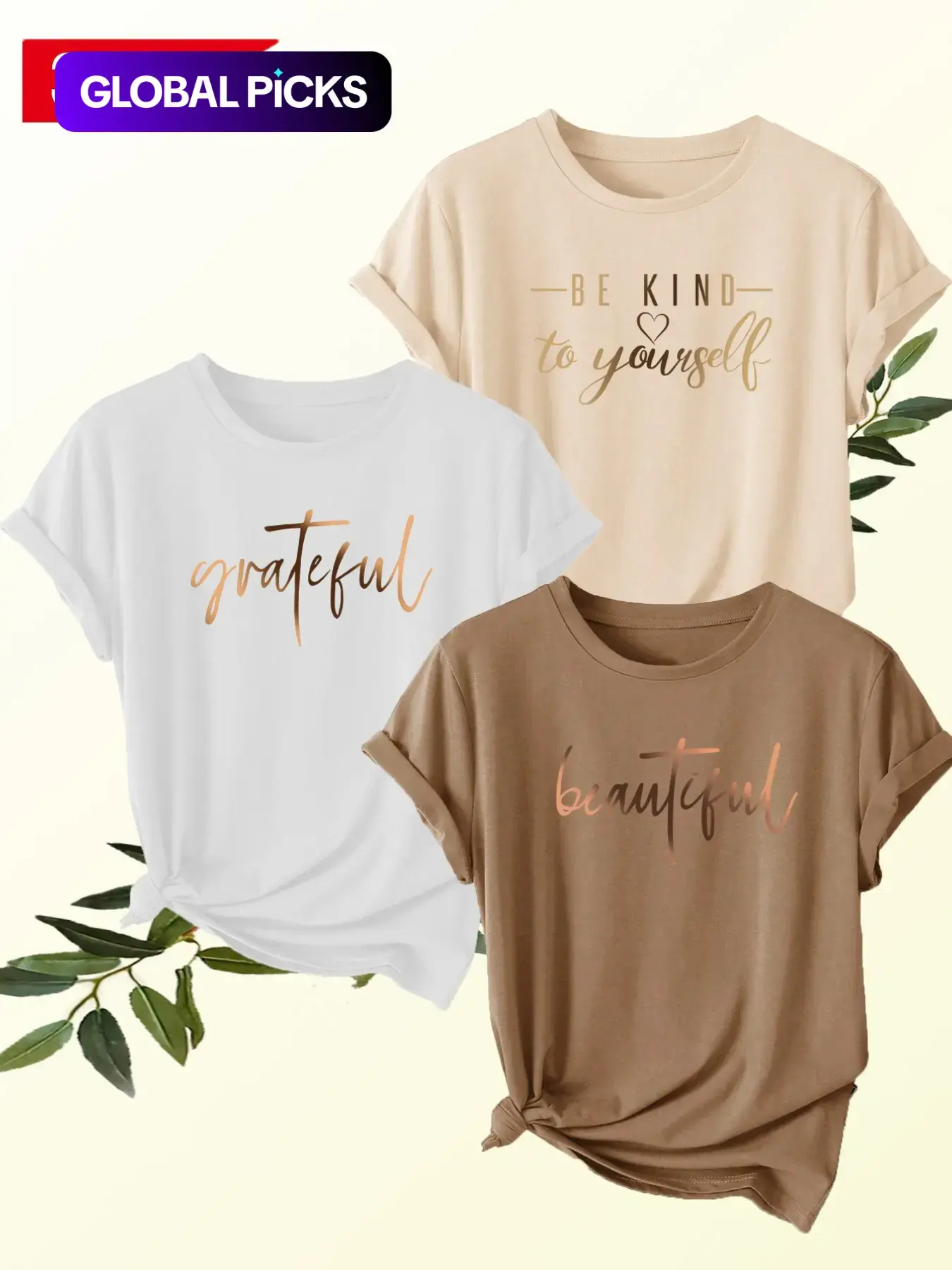 Women's 3-Piece Gold Letter Round Neck Short Sleeve Summer T-Shirt Set, Casual Sporty Fit Everyday Tops with Soft Comfortable Fabric for All Seasons
