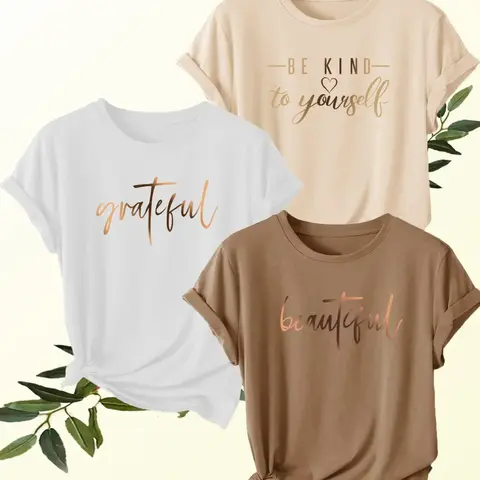 Women's 3-Piece Gold Letter Round Neck Short Sleeve Summer T-Shirt Set, Casual Sporty Everyday Tops with Soft Comfortable Fabric for All Seasons, Round Neck Tees