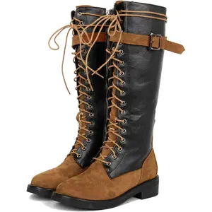Women's Low Heel Knee High Lace-Up Ankle Boots, Gothic Motorcycle Combat Footwear, Elegant Classic Casual Fashion Riding Boots