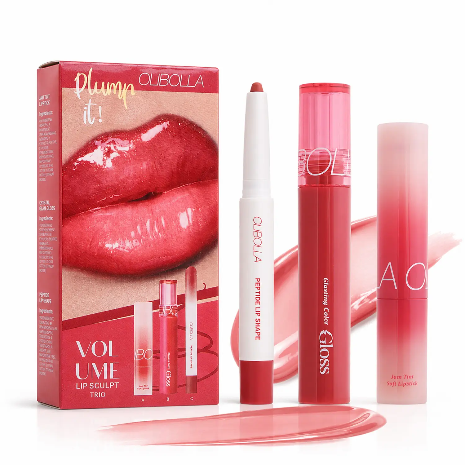 [Instant 3D Lip Volume] OLIBOLLA Lip Volume Hack Trio – Fuller Overlined Lips in 3 Easy Steps, Lip Pencil + Melting Balm + Color Gloss plump shot collection