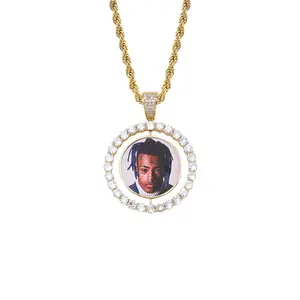 Rotatable double-sided memory photo pendant with micro-set zirconia, trendy round pendant