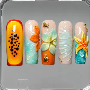 Summer Tropical Press On Nails Set 10PCS, Papaya Fruit Flower Starfish Ocean Acrylic Art Nails, Glossy Gel Design, Salon Quality Press On Nails, Cute Nail Box, Trendy Birthday Gift For Her Beach Party